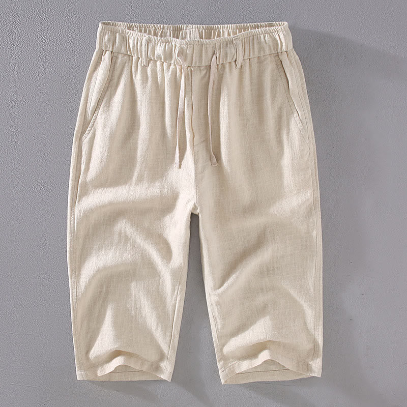 Pantalon court à cordon de serrage en lin et ramie de couleur unie pour homme Foviel avec poches
