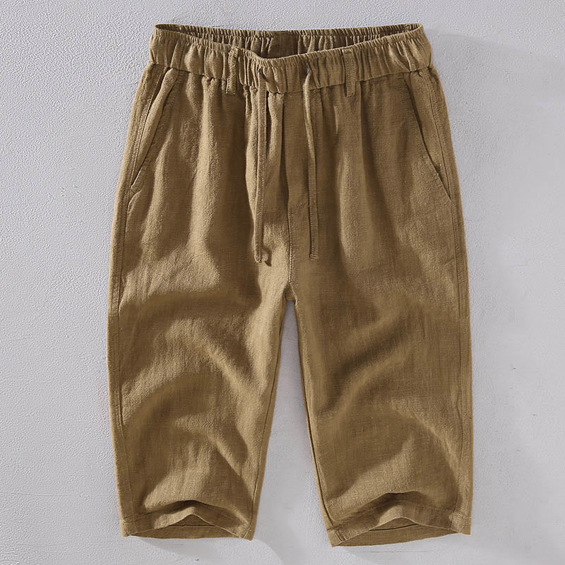 Foviel Men's Solid Color Ramie Linen Drawstring Cropped Pants With Pockets