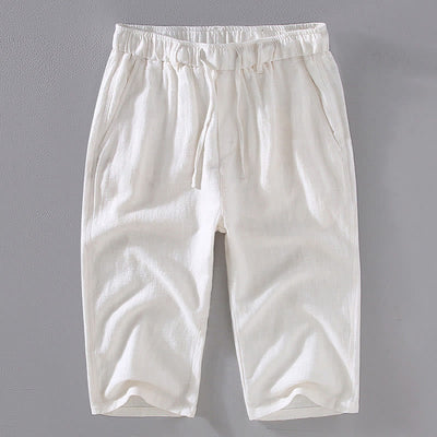 Foviel Men's Solid Color Ramie Linen Drawstring Cropped Pants With Pockets
