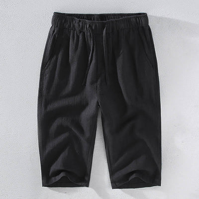 Foviel Men's Solid Color Ramie Linen Drawstring Cropped Pants With Pockets