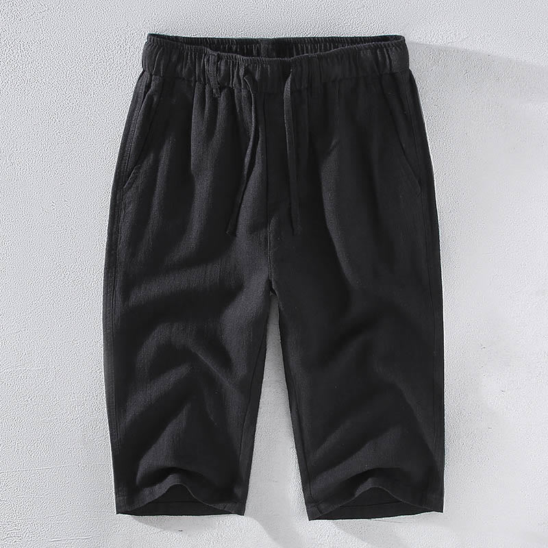 Foviel Men's Solid Color Ramie Linen Drawstring Cropped Pants With Pockets