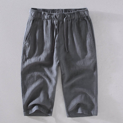 Foviel Men's Solid Color Ramie Linen Drawstring Cropped Pants With Pockets