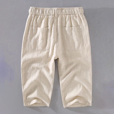 Foviel Men's Solid Color Ramie Linen Drawstring Cropped Pants With Pockets