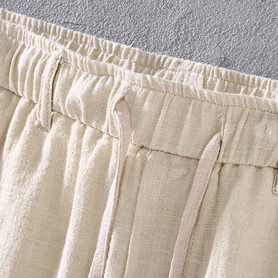 Foviel Men's Solid Color Ramie Linen Drawstring Cropped Pants With Pockets
