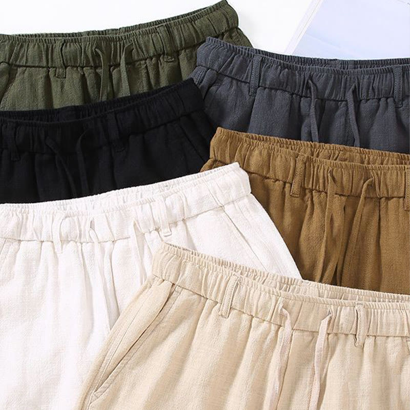 Foviel Men's Solid Color Ramie Linen Drawstring Cropped Pants With Pockets