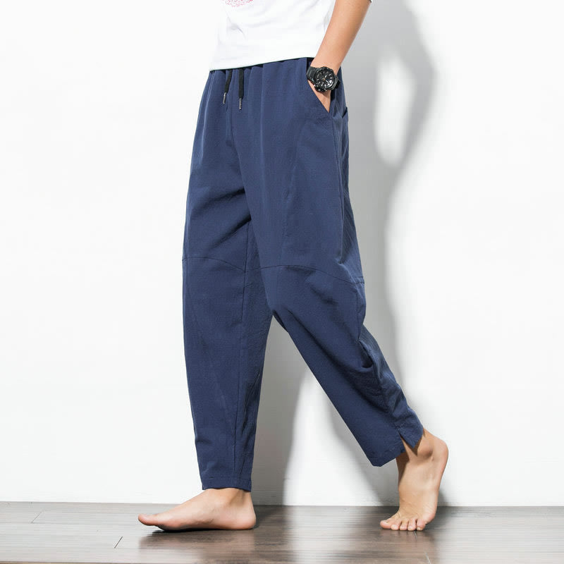 Buddha Stones Casual Men's Solid Color Cotton Drawstring Pants With Pockets - SteelBlue - US/UK/AU50，EU60 (5XL) - image 10