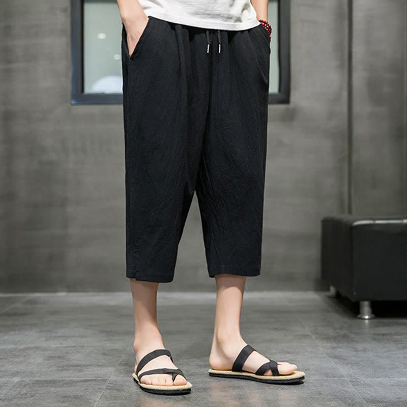 Buddha Stones Summer Men's Linen Drawstring Cropped Pants With Pockets - image 11