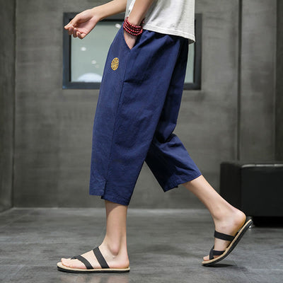 Buddha Stones Summer Men's Linen Drawstring Cropped Pants With Pockets - image 8