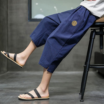 Buddha Stones Summer Men's Linen Drawstring Cropped Pants With Pockets - image 5