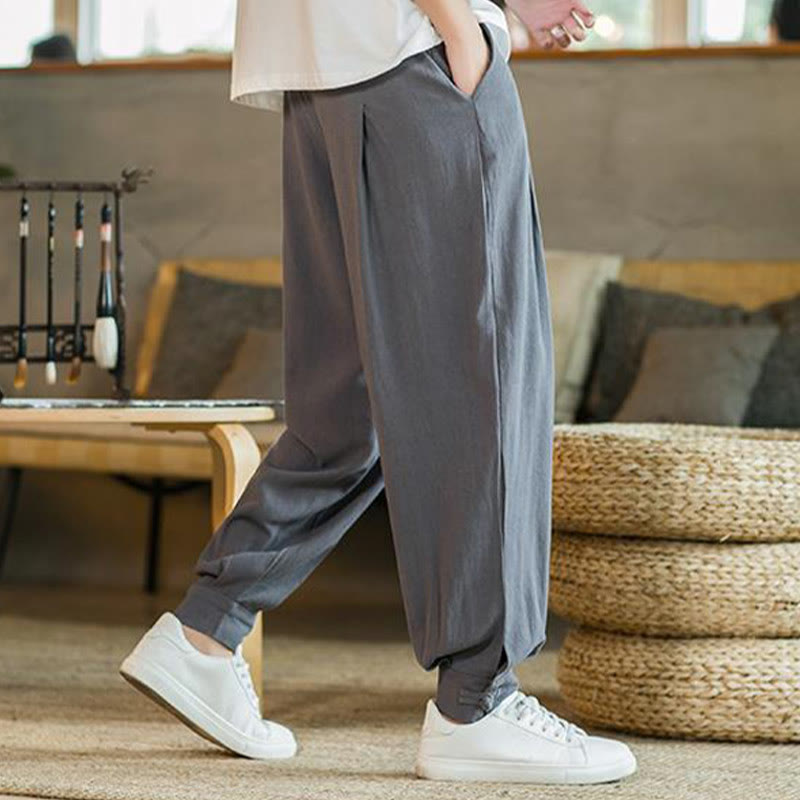 Buddha Stones Summer Plain Men's Cotton Linen Tapered Pants With Pockets - image 8