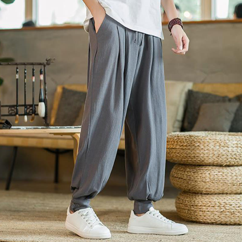 Buddha Stones Summer Plain Men's Cotton Linen Tapered Pants With Pockets - image 1
