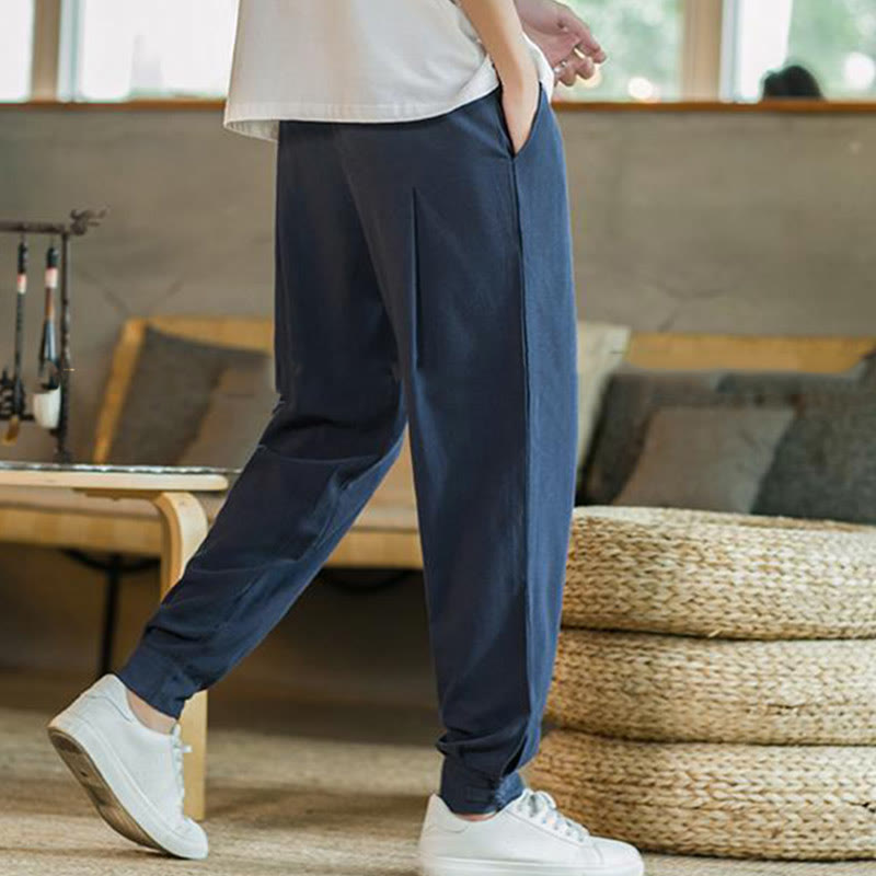 Buddha Stones Summer Plain Men's Cotton Linen Tapered Pants With Pockets - image 34
