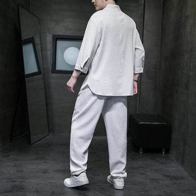 Buddha Stones Solid Color Three Quarter Sleeve Shirt Casual Pants Clothing Men's Set - image 2