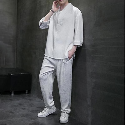 Buddha Stones Solid Color Three Quarter Sleeve Shirt Casual Pants Clothing Men's Set - image 3