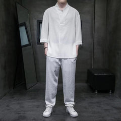 Buddha Stones Solid Color Three Quarter Sleeve Shirt Casual Pants Clothing Men's Set - White - US/UK/AU44，EU54 (4XL) - image 0