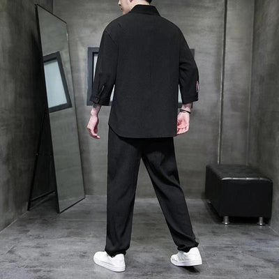 Buddha Stones Solid Color Three Quarter Sleeve Shirt Casual Pants Clothing Men's Set - image 9