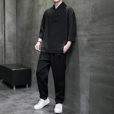 Buddha Stones Solid Color Three Quarter Sleeve Shirt Casual Pants Clothing Men's Set - image 10