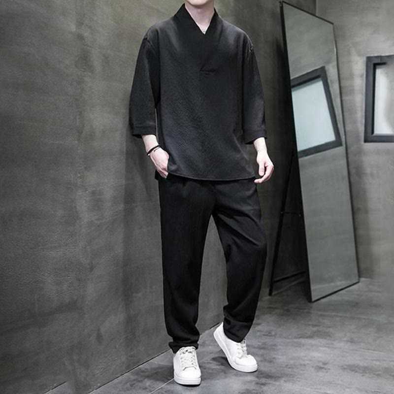 Buddha Stones Solid Color Three Quarter Sleeve Shirt Casual Pants Clothing Men's Set - image 17