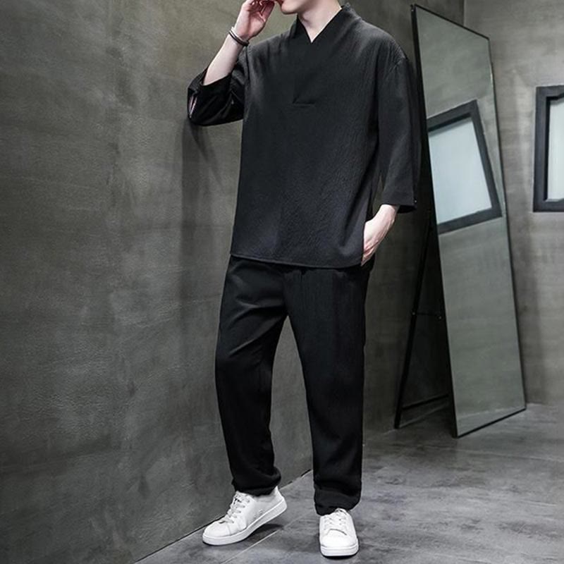 Buddha Stones Solid Color Three Quarter Sleeve Shirt Casual Pants Clothing Men's Set - image 16