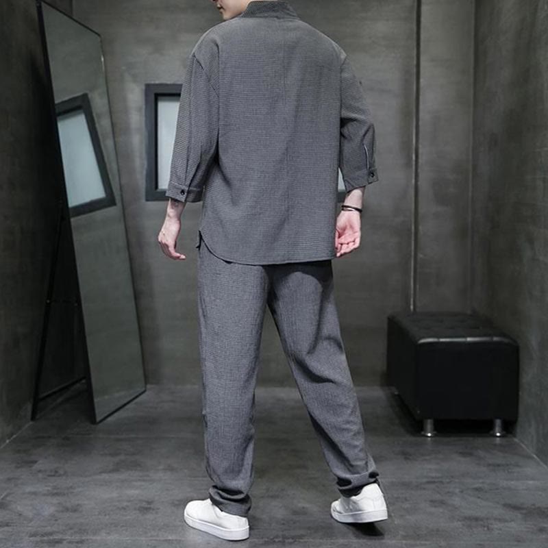 Buddha Stones Solid Color Three Quarter Sleeve Shirt Casual Pants Clothing Men's Set - image 19