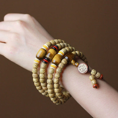 Foviel 108 Mala Perlen Bodhi-Samen Tigerauge Fu Charakter Friedens Armband