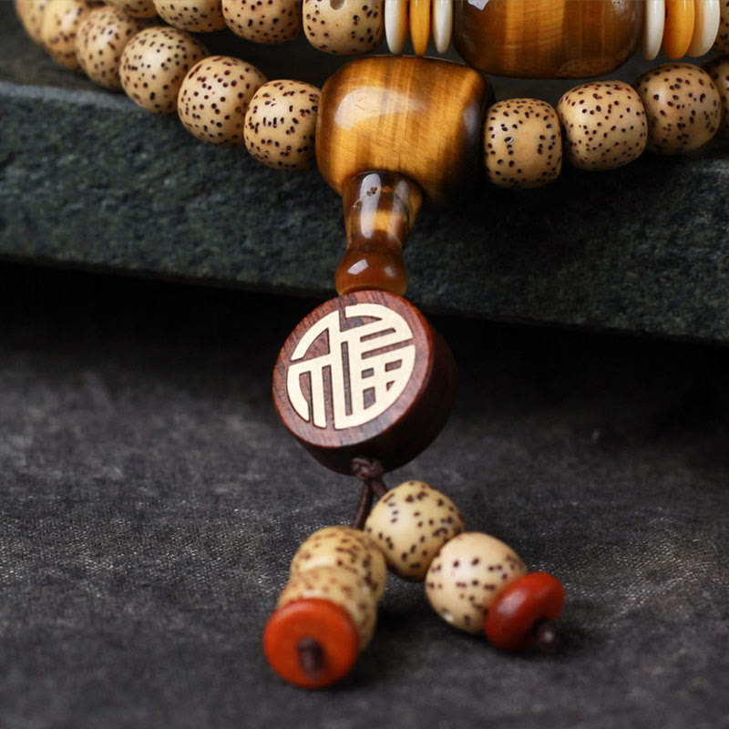 Foviel 108 Mala Perlen Bodhi-Samen Tigerauge Fu Charakter Friedens Armband