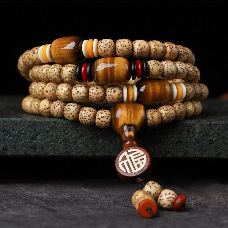 Foviel 108 Mala Beads Bodhi Seed Tiger's Eye Fu Character Peace Bracelet