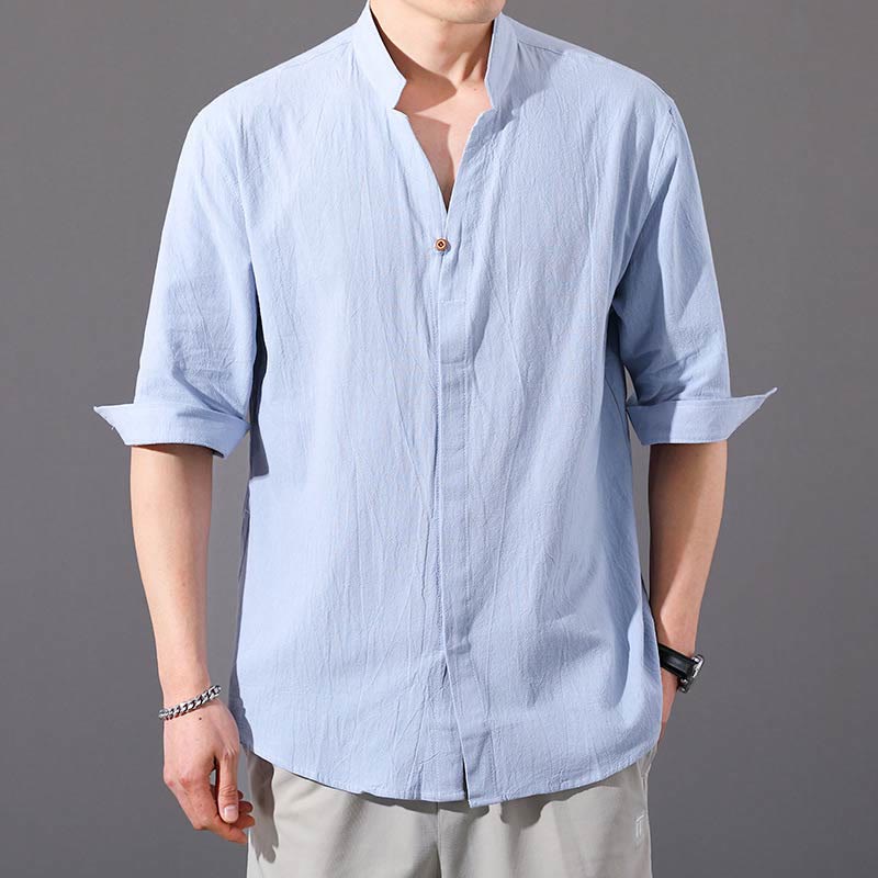 Buddha Stones Summer Men's Half Sleeve Button Cotton Shirt - LightBlue - US/UK/AU48，EU58 (6XL)  - image 0
