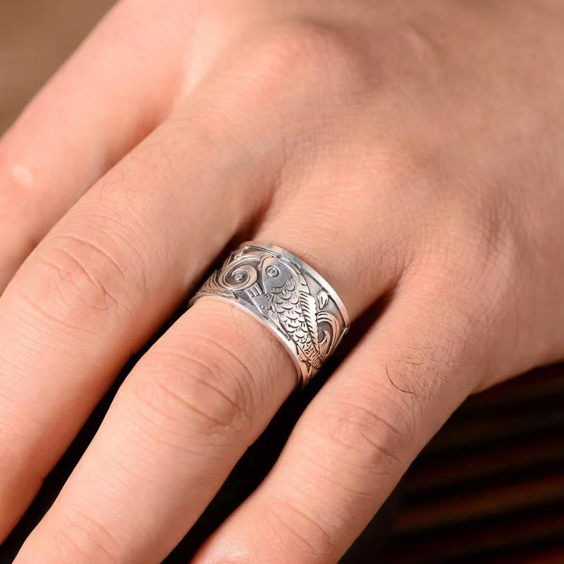 Foviel Koi Fisch Herz Sutra Geschnitzt Design Glück Reichtum Ring