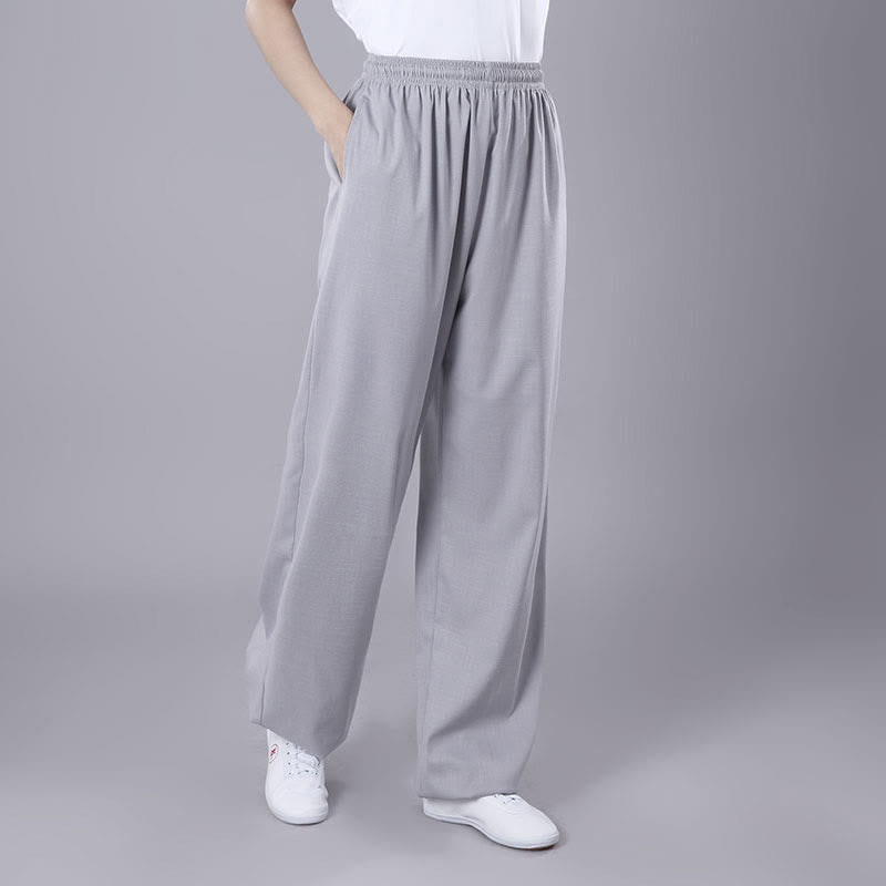 Foviel Sommer Unisex elastische Taille Tai Chi Qigong Praxis Atmungsaktive Hosen mit Taschen