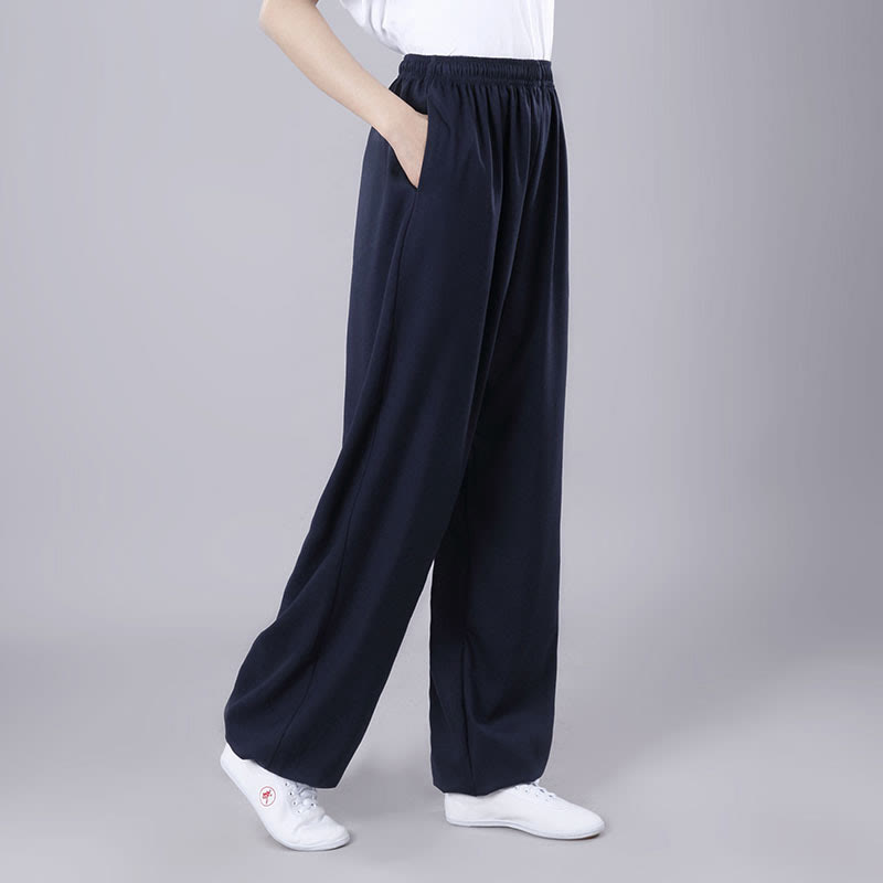 Foviel Sommer Unisex elastische Taille Tai Chi Qigong Praxis Atmungsaktive Hosen mit Taschen