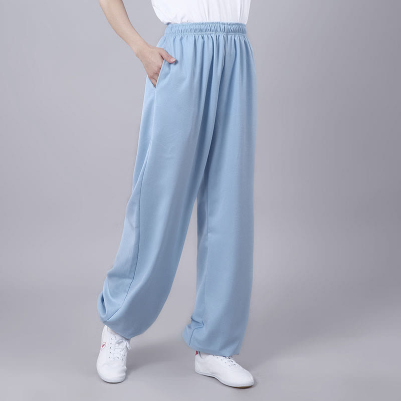 Foviel Sommer Unisex elastische Taille Tai Chi Qigong Praxis Atmungsaktive Hosen mit Taschen