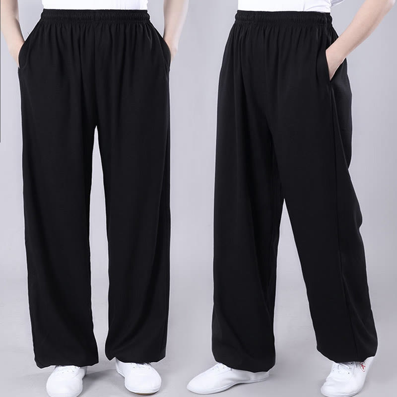 Foviel Sommer Unisex elastische Taille Tai Chi Qigong Praxis Atmungsaktive Hosen mit Taschen