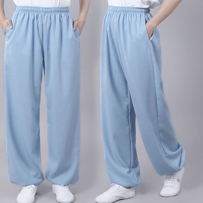 Foviel Sommer Unisex elastische Taille Tai Chi Qigong Praxis Atmungsaktive Hosen mit Taschen