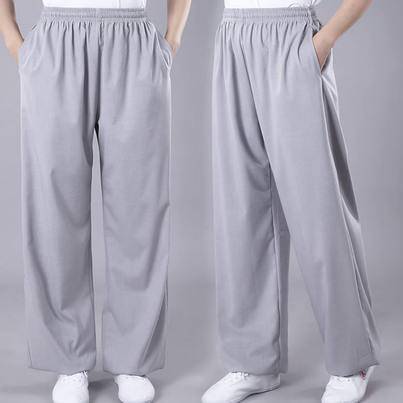 Foviel Sommer Unisex elastische Taille Tai Chi Qigong Praxis Atmungsaktive Hosen mit Taschen
