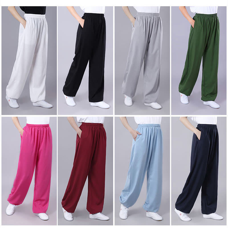 Foviel Sommer Unisex elastische Taille Tai Chi Qigong Praxis Atmungsaktive Hosen mit Taschen