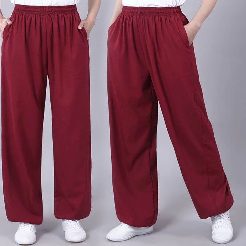 Foviel Sommer Unisex elastische Taille Tai Chi Qigong Praxis Atmungsaktive Hosen mit Taschen