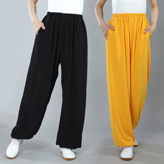 Foviel Sommer Unisex elastische Taille Tai Chi Kung Fu Qigong Praxis Baumwolle Atmungsaktive Hose mit Taschen
