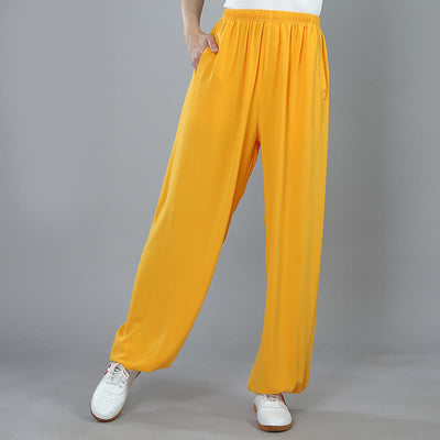 Foviel Sommer Unisex elastische Taille Tai Chi Kung Fu Qigong Praxis Baumwolle Atmungsaktive Hose mit Taschen