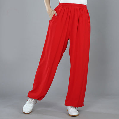 Foviel Sommer Unisex elastische Taille Tai Chi Kung Fu Qigong Praxis Baumwolle Atmungsaktive Hose mit Taschen