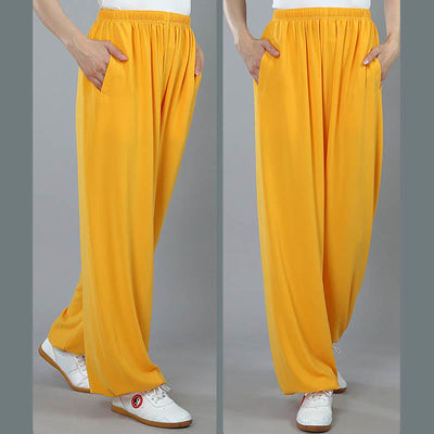 Foviel Sommer Unisex elastische Taille Tai Chi Kung Fu Qigong Praxis Baumwolle Atmungsaktive Hose mit Taschen