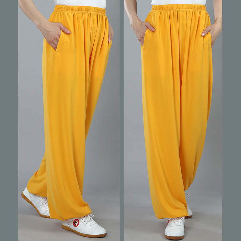 Foviel Sommer Unisex elastische Taille Tai Chi Kung Fu Qigong Praxis Baumwolle Atmungsaktive Hose mit Taschen