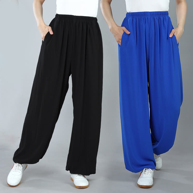 Foviel Sommer Unisex elastische Taille Tai Chi Kung Fu Qigong Praxis Baumwolle Atmungsaktive Hose mit Taschen