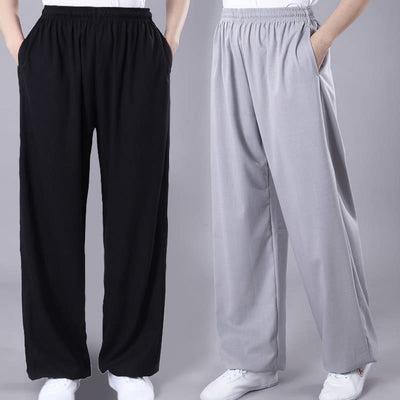 Foviel Sommer Unisex elastische Taille Tai Chi Qigong Praxis Atmungsaktive Hosen mit Taschen