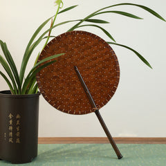 Buddha Stones Vintage Chinese Style Handmade Round Octagonal Shaped Bamboo Long Handle Fan Fan BS Round 23*37.5cm