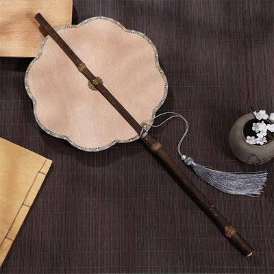 Buddha Stones Handmade Cherry Bamboo Leaf Grape Pattern Long Purple Bamboo Handle Portable Curlable Fan Fan BS Pink Grape 21*50cm