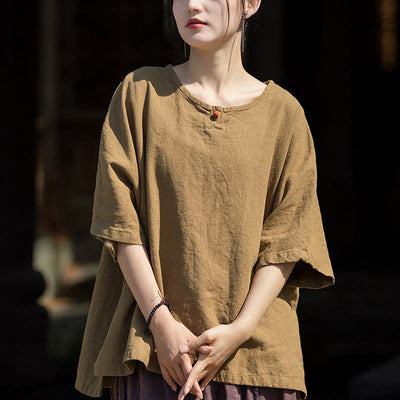 Buddha Stones Causal Half Sleeve Ramie Linen Cotton T-shirt Tee Women's T-Shirts BS DarkKhaki F(Fit for US4-8/10; UK/AU8-12/14; EU36-40/42)