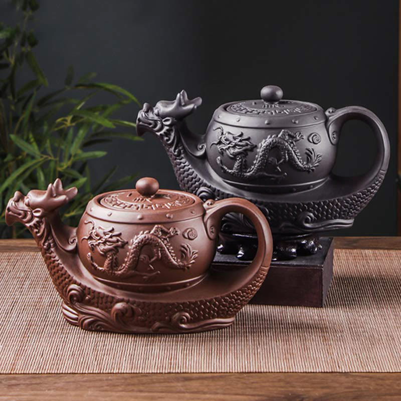 Foviel Vintage Dragon Auspicious Clouds Purple Clay Ceramic Teapot