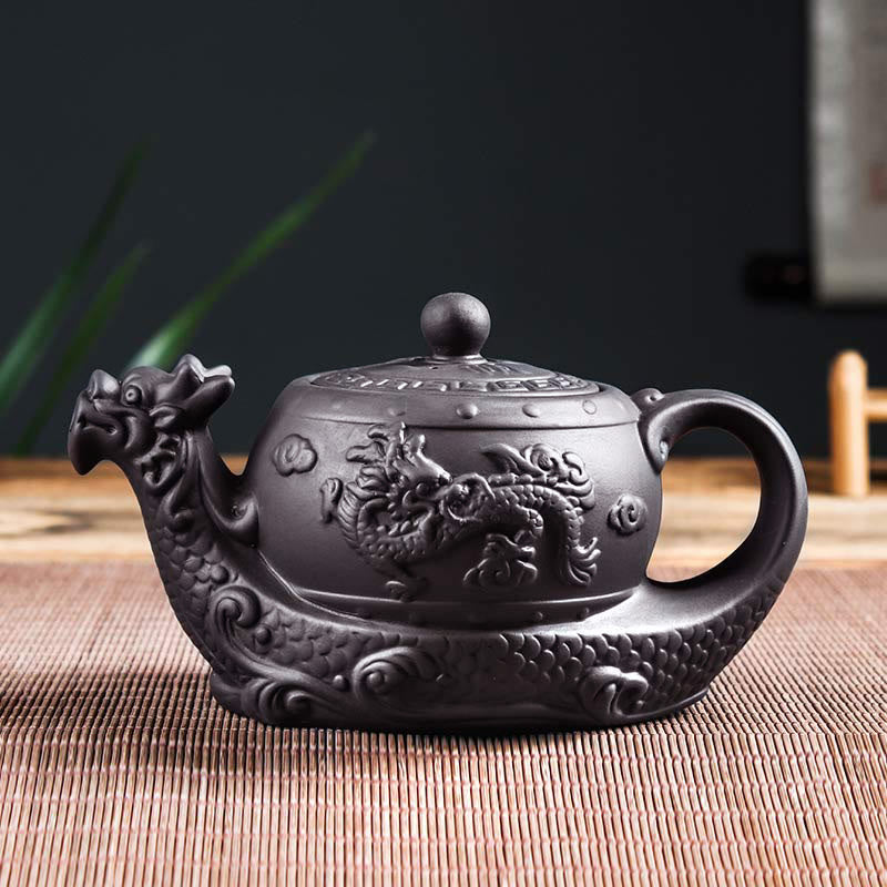 Foviel Vintage Dragon Auspicious Clouds Purple Clay Ceramic Teapot