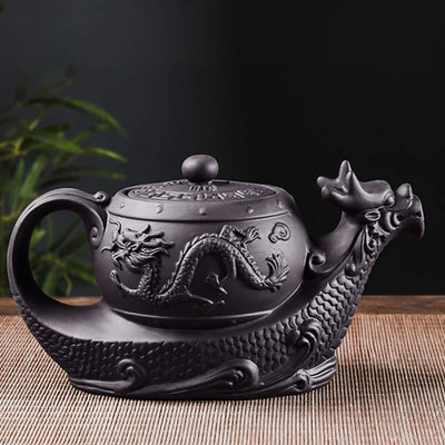 Foviel Vintage Dragon Auspicious Clouds Purple Clay Ceramic Teapot